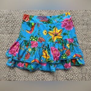 Farm Rio Blue Toucans Garden Tiered Cotton Skirt Womens Size M Resort